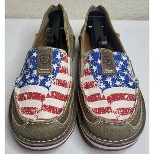 Ariat Shoes Womens Size 8 Brown Leather Bomber Cruiser American Flag Slip On